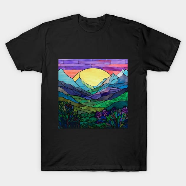 Colorful Stained Glass Mountains With Vibrant Sunset T-Shirt by The Art Mage